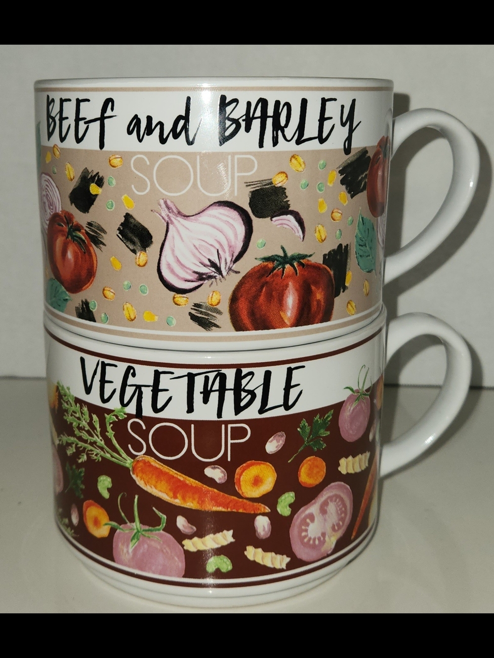 Set of 2 Fabulous Home Soup Mugs Vegetable & Beef Barley Recipe Cups Retro Style